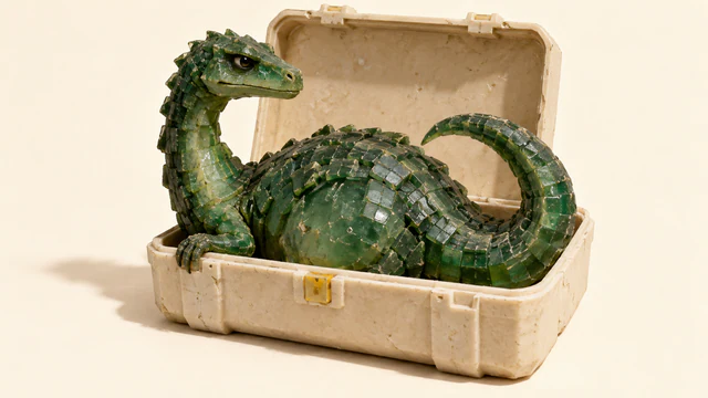 A skeptical green resin dinosaur curls inside a scuffed ivory carrying case with an open lid and yellow latch, casting a shadow across a warm ivory background.