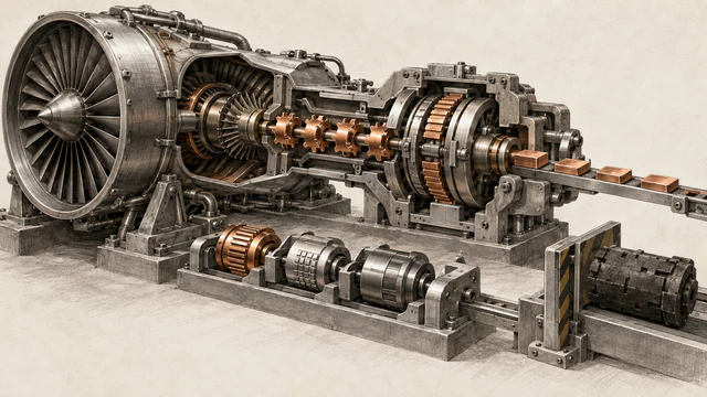An inference turbine drives speculative copper gears through a verification clutch beside precision cartridges.