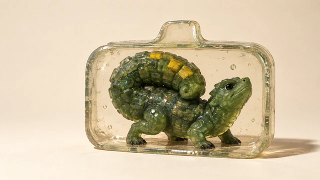A squat green resin dinosaur carries its thick curled tail over its back inside a clear, tab-shaped enclosure. Yellow scales, casting bubbles and scuffed edges catch hard light against a warm ivory background.