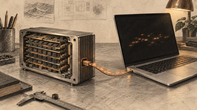A cutaway solid-state storage enclosure feeds a laptop through a narrow copper connection carrying small data tiles.