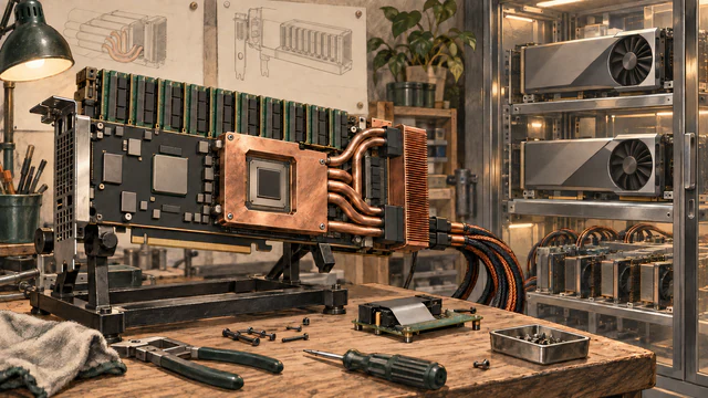 A weathered accelerator with abundant memory modules receives custom copper cooling and wiring on a repair bench.