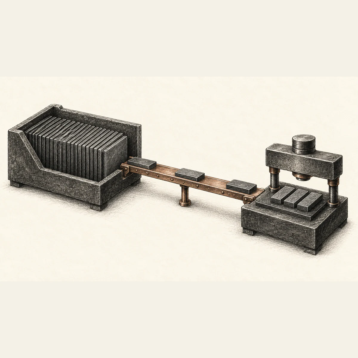 Graphite illustration on warm ivory paper: a rack of upright slabs connects by a narrow copper bridge carrying three blocks to a press-like station holding three more blocks.