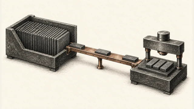 Graphite illustration on warm ivory paper: a rack of upright slabs connects by a narrow copper bridge carrying three blocks to a press-like station holding three more blocks.
