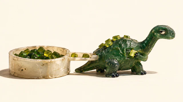 A scuffed translucent green dinosaur holds a yellow scale beside an open flank socket. A narrow chute connects it to an ivory bowl of spare scales, against a warm ivory background.