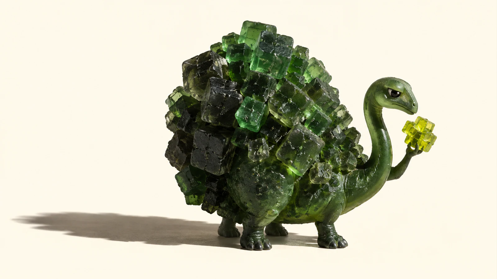 A skeptical green resin dinosaur carries a bulky coat of irregular translucent blocks while holding a small acid-yellow cluster, casting a long shadow across an ivory background.