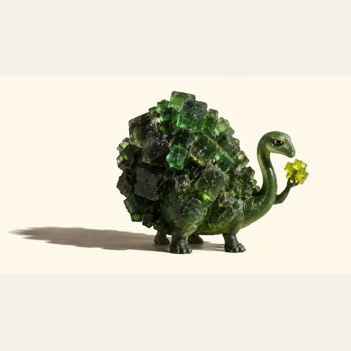 A skeptical green resin dinosaur carries a bulky coat of irregular translucent blocks while holding a small acid-yellow cluster, casting a long shadow across an ivory background.