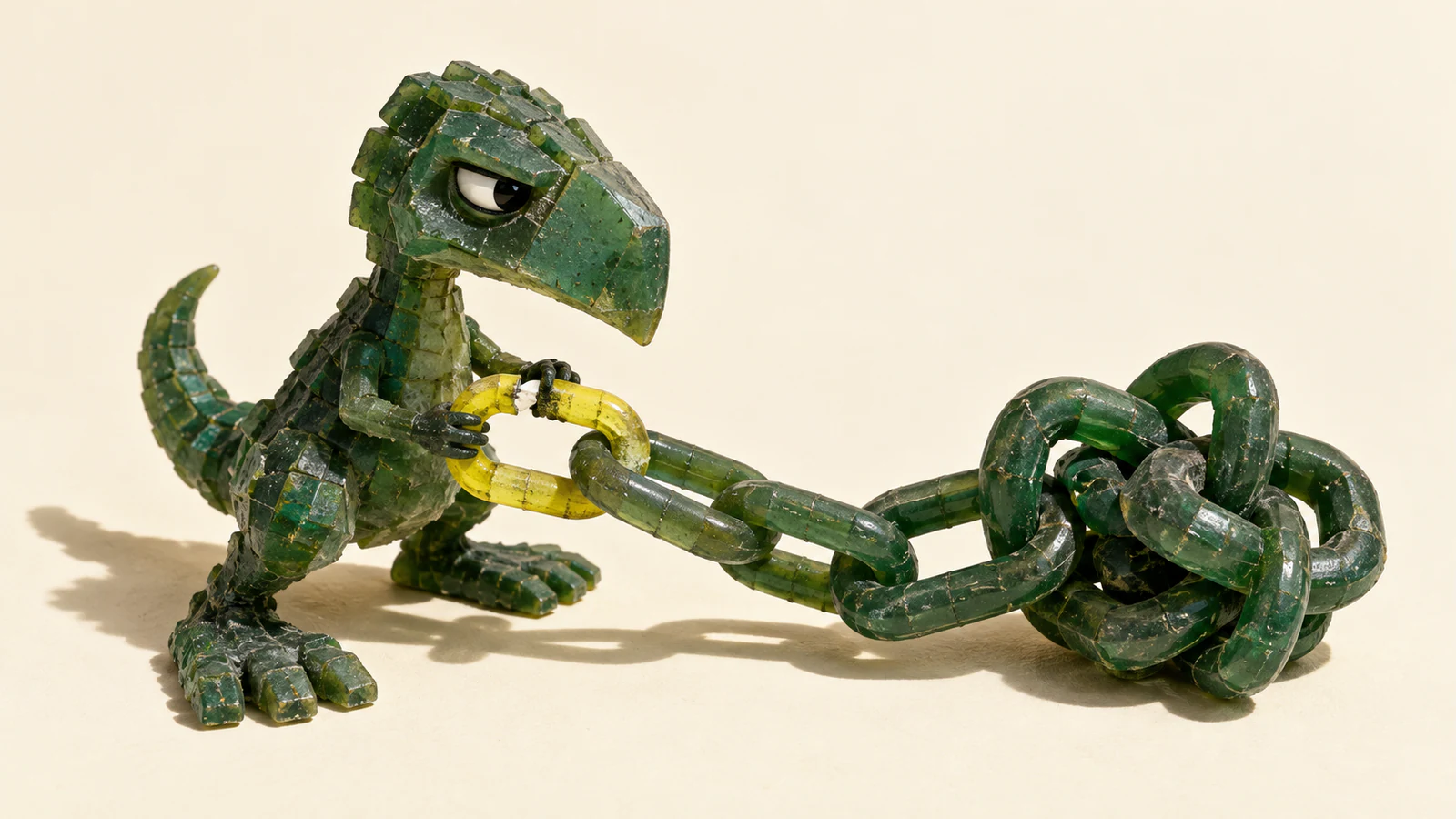A scuffed green resin dinosaur grips a broken yellow chain link. The green chain ends in a dense tangle on an ivory surface, casting hard shadows.