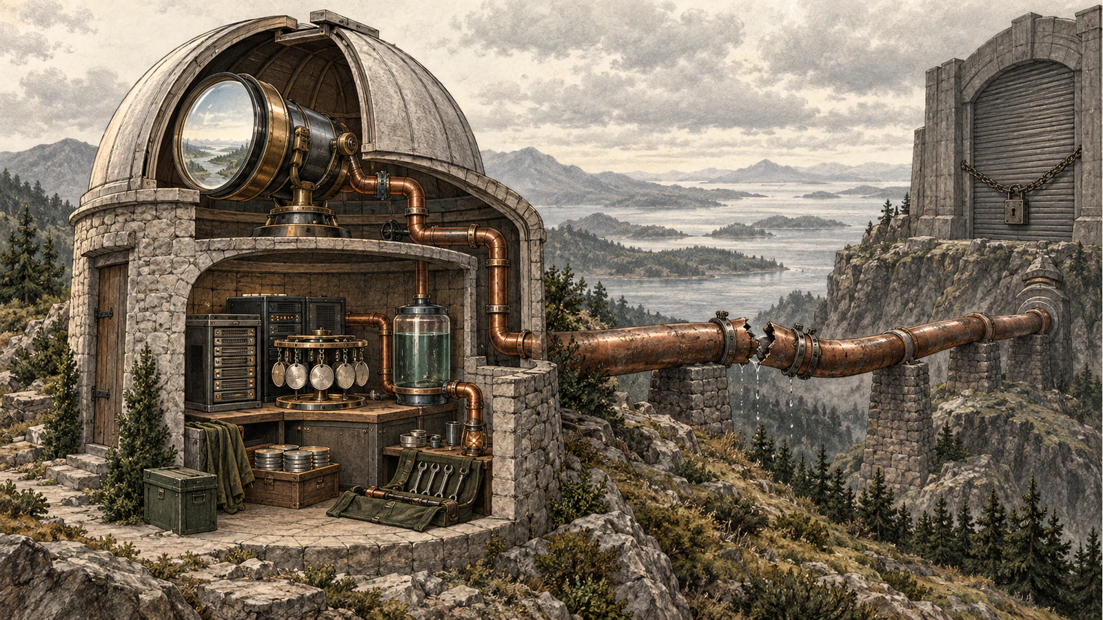 A private observatory maintains a clean viewing lens after its copper upstream feed has been cut beside a locked shutter.