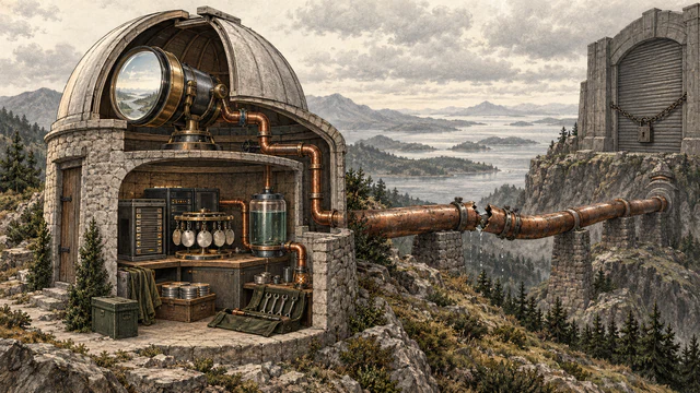 A private observatory maintains a clean viewing lens after its copper upstream feed has been cut beside a locked shutter.
