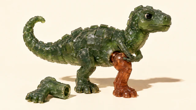 A scuffed translucent green resin dinosaur steadies a copper-colored replacement leg in its hip socket. A detached green leg lies beside it on an ivory surface, with a hard shadow extending right.