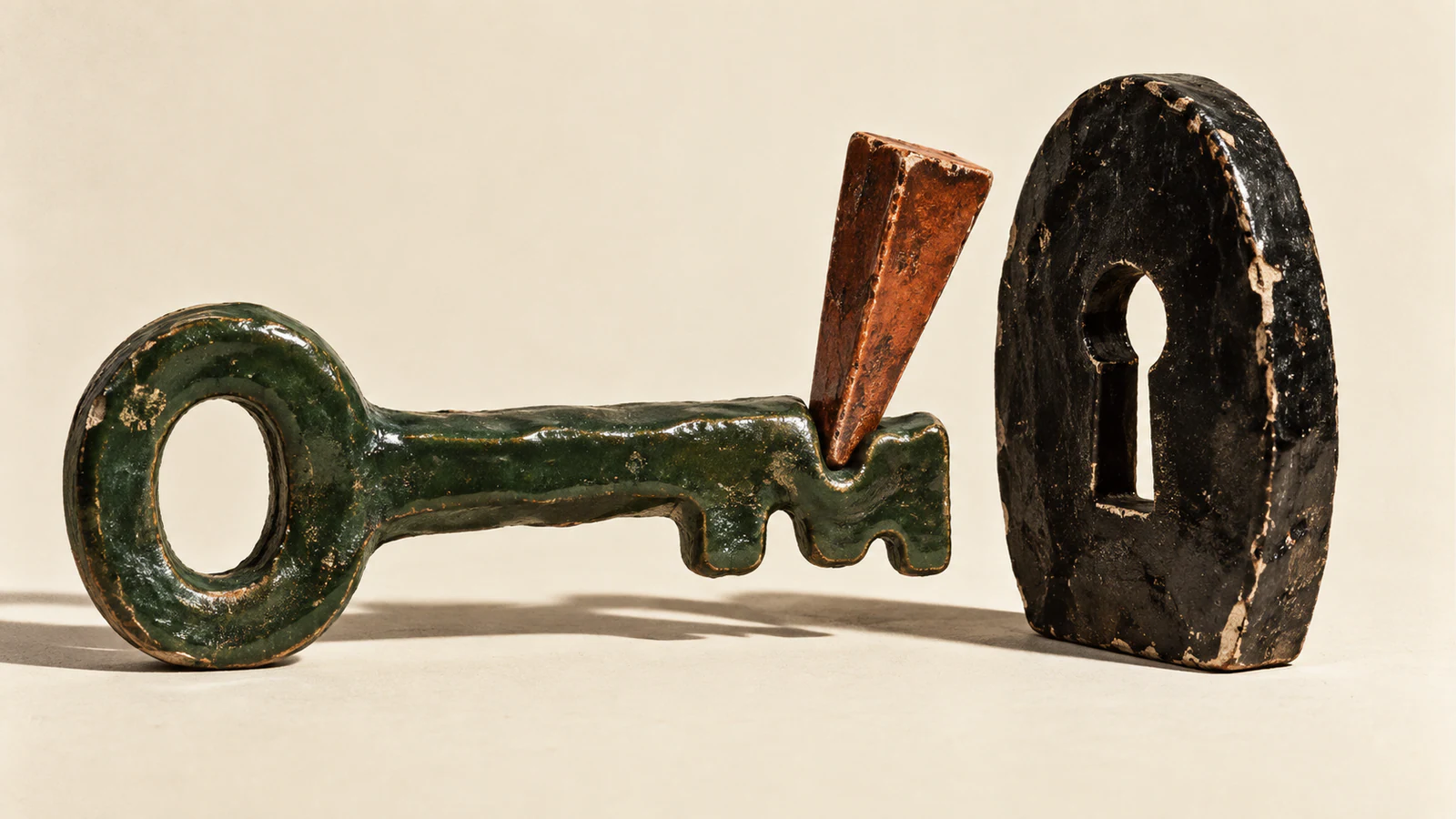 A burnt-copper ceramic wedge presses into the uneven teeth of a forest-green ceramic key facing a separate black keyhole slab. Chipped glaze and hard shadows stand out against warm ivory.