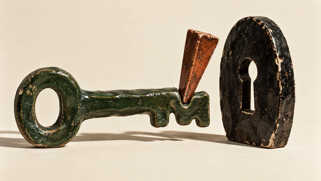 A burnt-copper ceramic wedge presses into the uneven teeth of a forest-green ceramic key facing a separate black keyhole slab. Chipped glaze and hard shadows stand out against warm ivory.