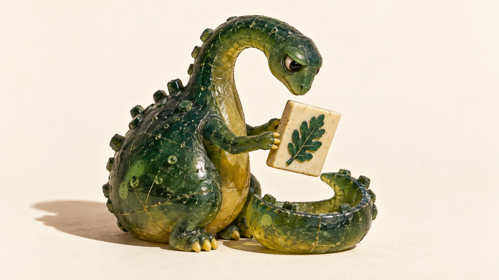 A scuffed translucent green resin dinosaur examines an ivory tile bearing a green leaf above its curled, bowl-like tail, casting a shadow across a warm ivory background.