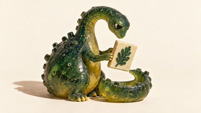 A scuffed translucent green resin dinosaur examines an ivory tile bearing a green leaf above its curled, bowl-like tail, casting a shadow across a warm ivory background.