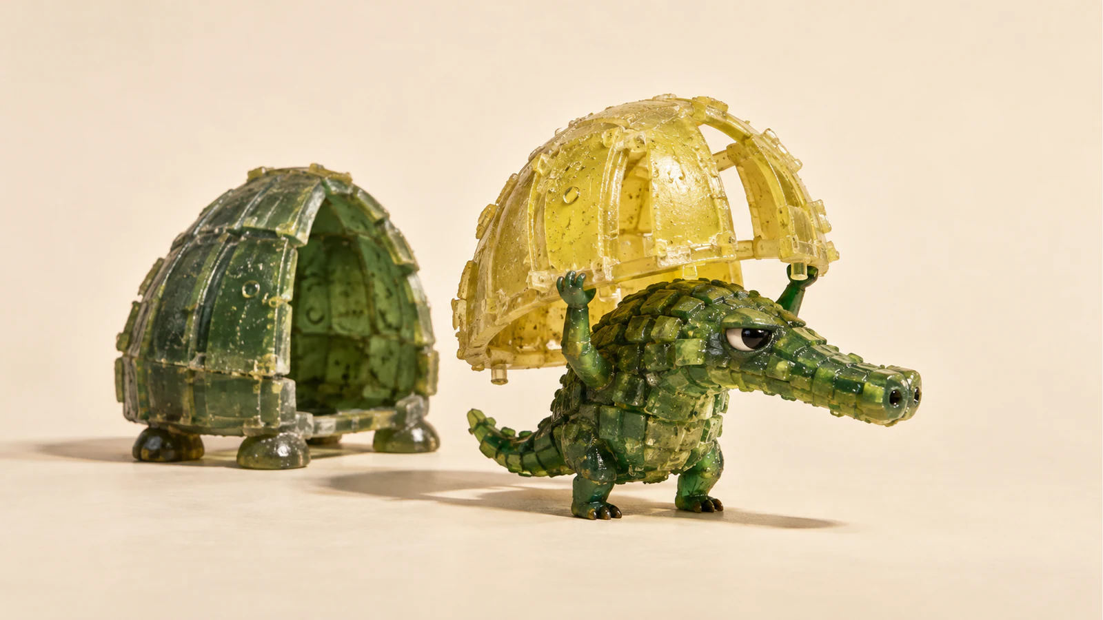 A skeptical green resin dinosaur holds an incomplete yellow shell overhead beside an empty, freestanding green shell. Bubbles, uneven scales and hard shadows texture the warm ivory scene.