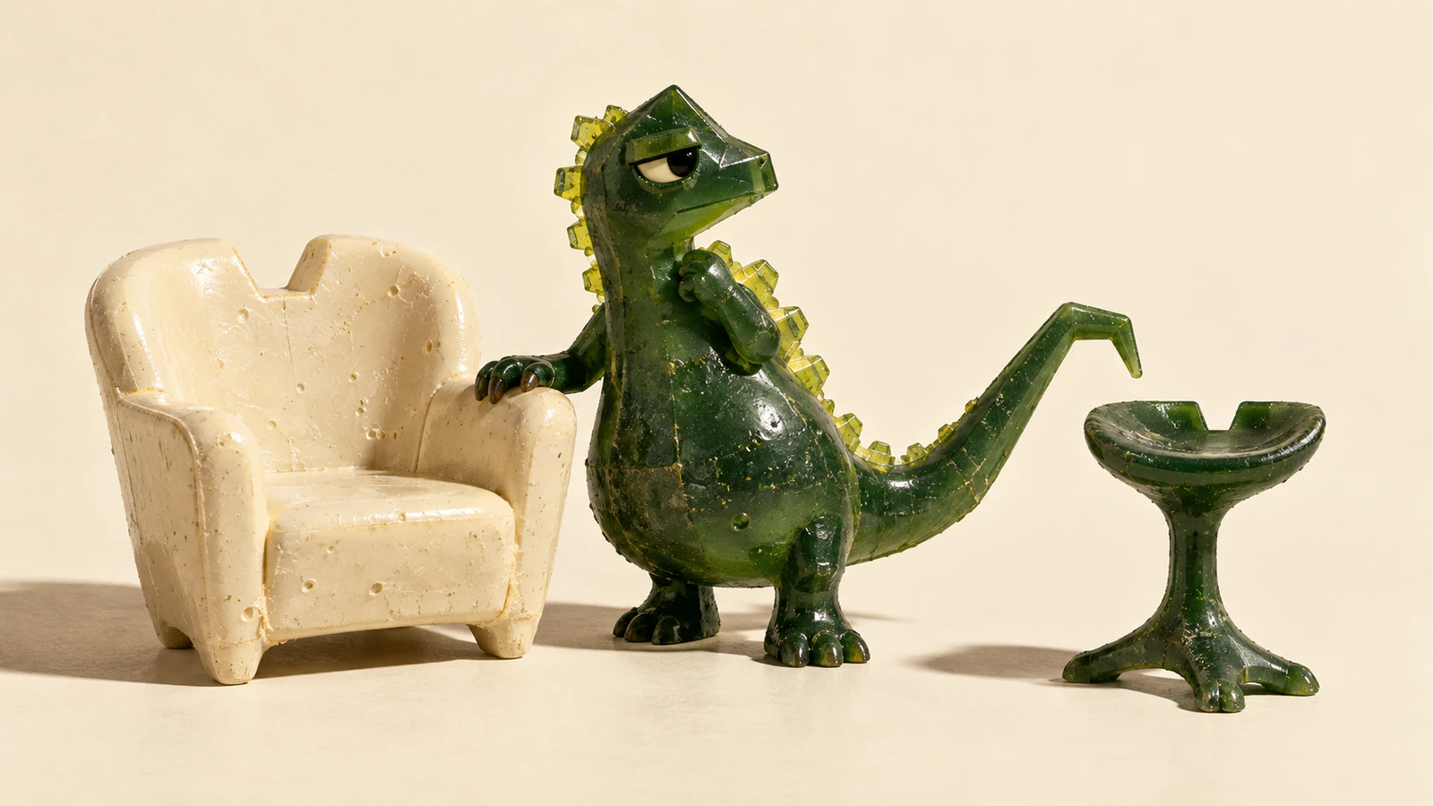 A skeptical green resin dinosaur with yellow dorsal scales stands between a roomy ivory armchair and a slim green saddle stool. Both seats have notched backs; hard shadows and scuffed surfaces give the scene a handmade miniature feel.