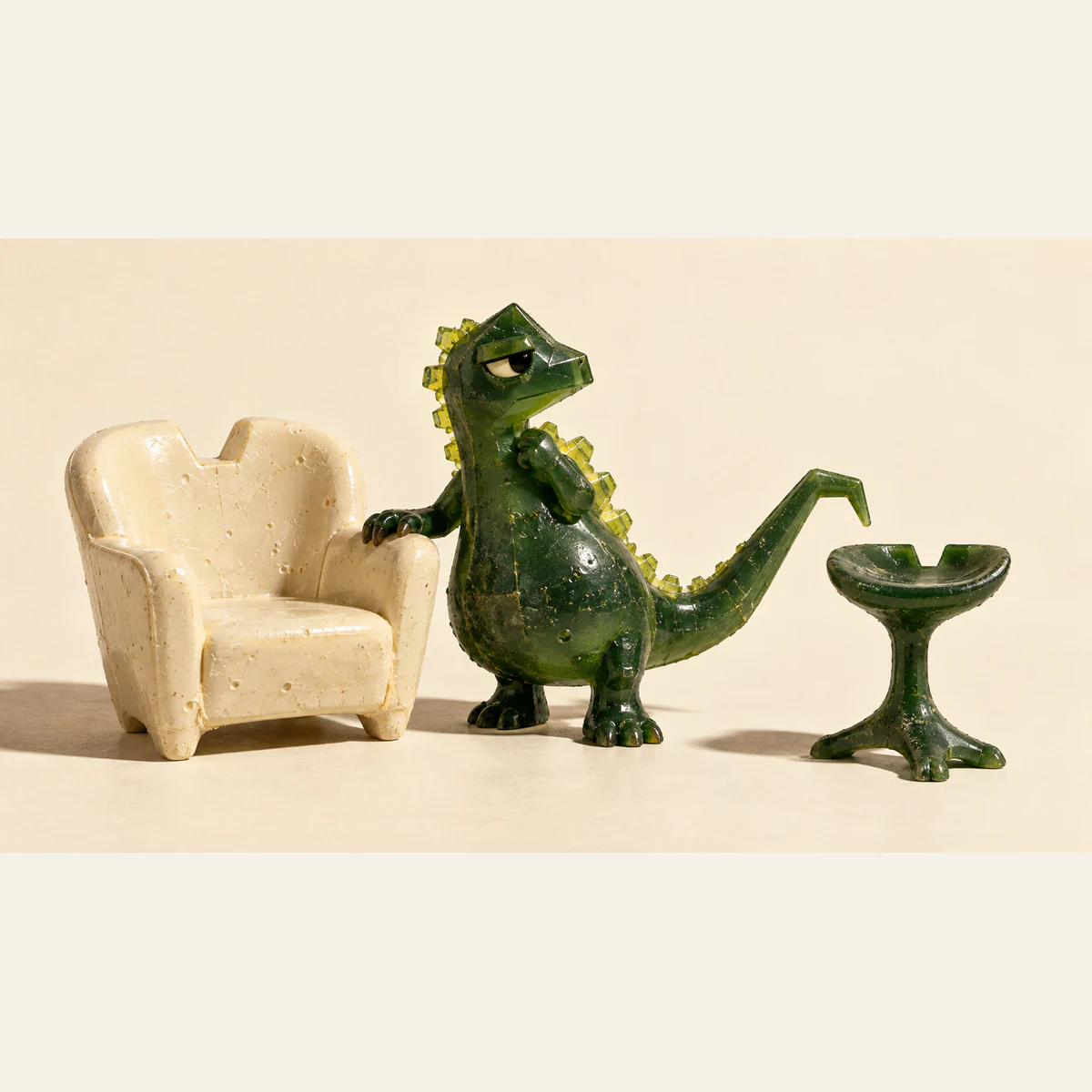 A skeptical green resin dinosaur with yellow dorsal scales stands between a roomy ivory armchair and a slim green saddle stool. Both seats have notched backs; hard shadows and scuffed surfaces give the scene a handmade miniature feel.