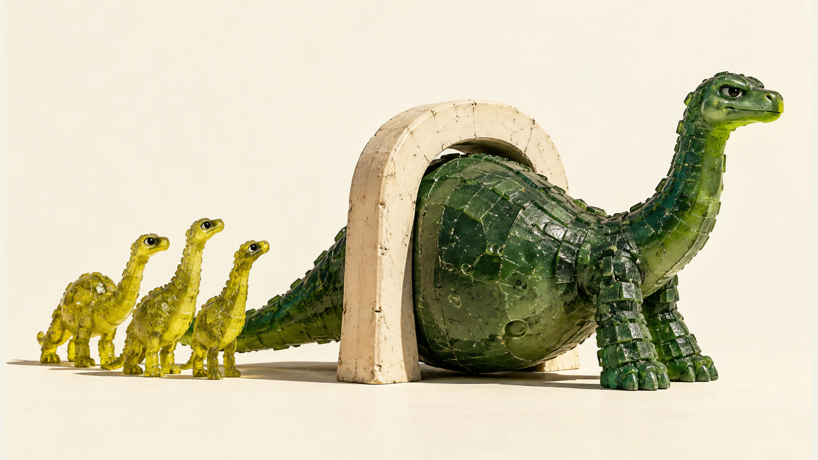 A bulky translucent green dinosaur fills an ivory archway while three smaller yellow dinosaurs wait behind its tail. Resin bubbles, rough scales and hard shadows give the scene a handmade miniature appearance.