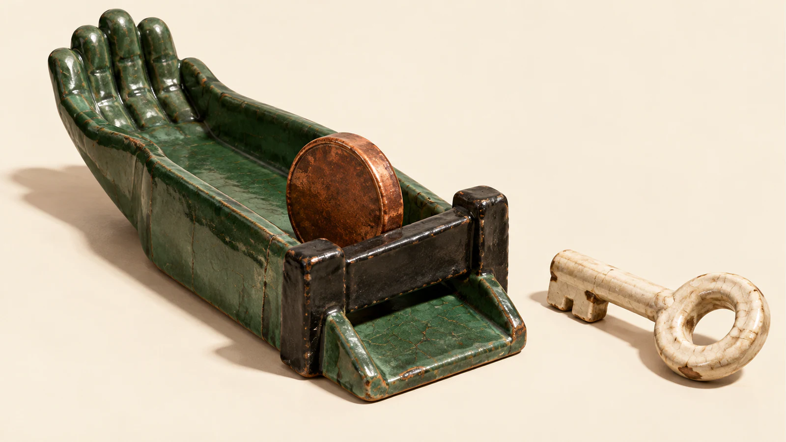 A copper-colored coin rests behind a closed black gate across a green ceramic hand-shaped chute. A separate ivory ceramic key lies beside it, casting a shadow on the warm ivory background.