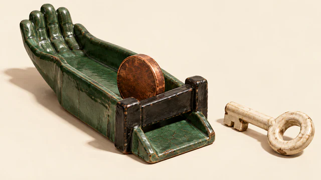 A copper-colored coin rests behind a closed black gate across a green ceramic hand-shaped chute. A separate ivory ceramic key lies beside it, casting a shadow on the warm ivory background.
