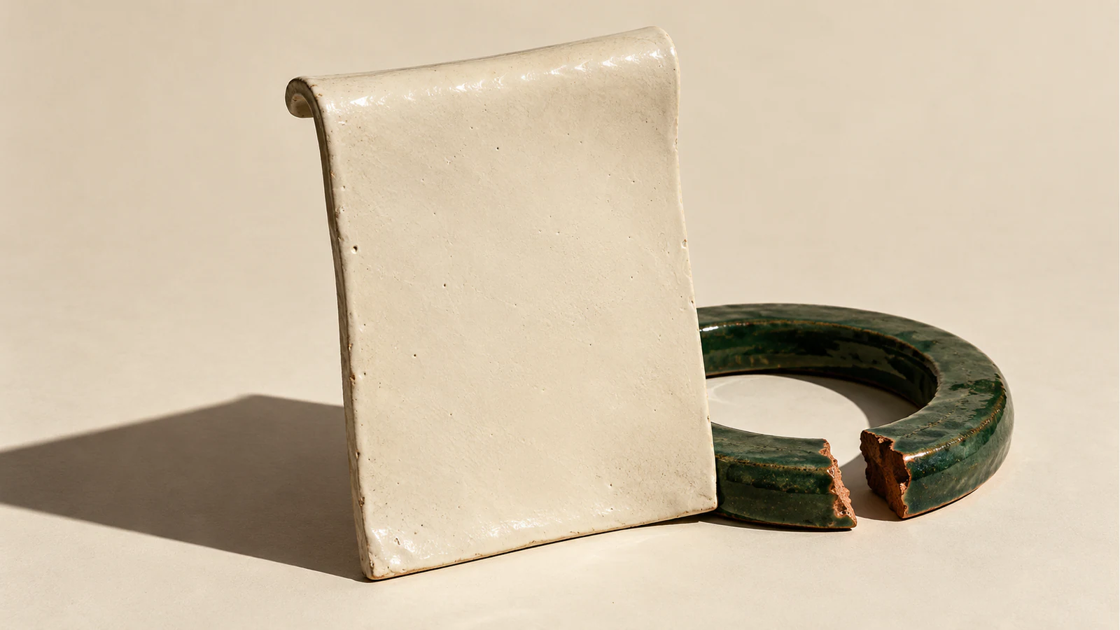 A blank ivory ceramic sheet stands before a broken forest-green ceramic ring, with copper-colored fracture edges and hard shadows on a warm ivory surface.