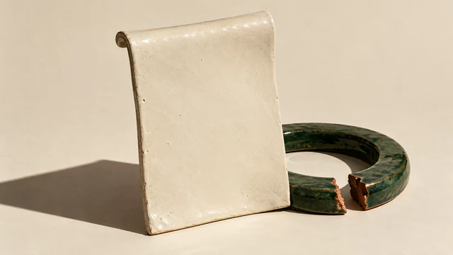 A blank ivory ceramic sheet stands before a broken forest-green ceramic ring, with copper-colored fracture edges and hard shadows on a warm ivory surface.