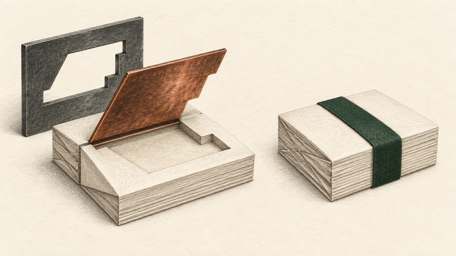 A raised copper flap sits above a shaped recess in layered ivory paper, with a separate charcoal template behind it. Beside it rests a closed paper stack bound in dark green.