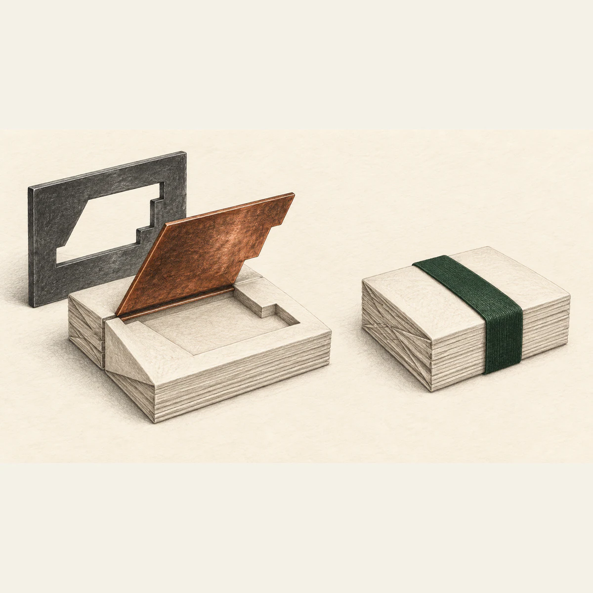 A raised copper flap sits above a shaped recess in layered ivory paper, with a separate charcoal template behind it. Beside it rests a closed paper stack bound in dark green.