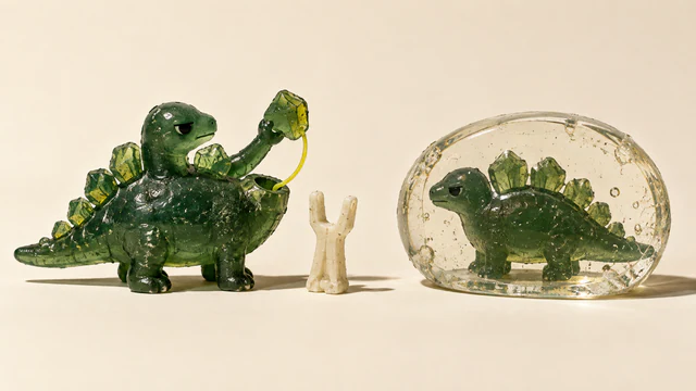 A scuffed green resin dinosaur lifts a detachable piece tethered by a yellow loop to an open socket. An ivory fork-shaped object stands beside it; a second dinosaur sits sealed inside clear resin on the warm ivory background.