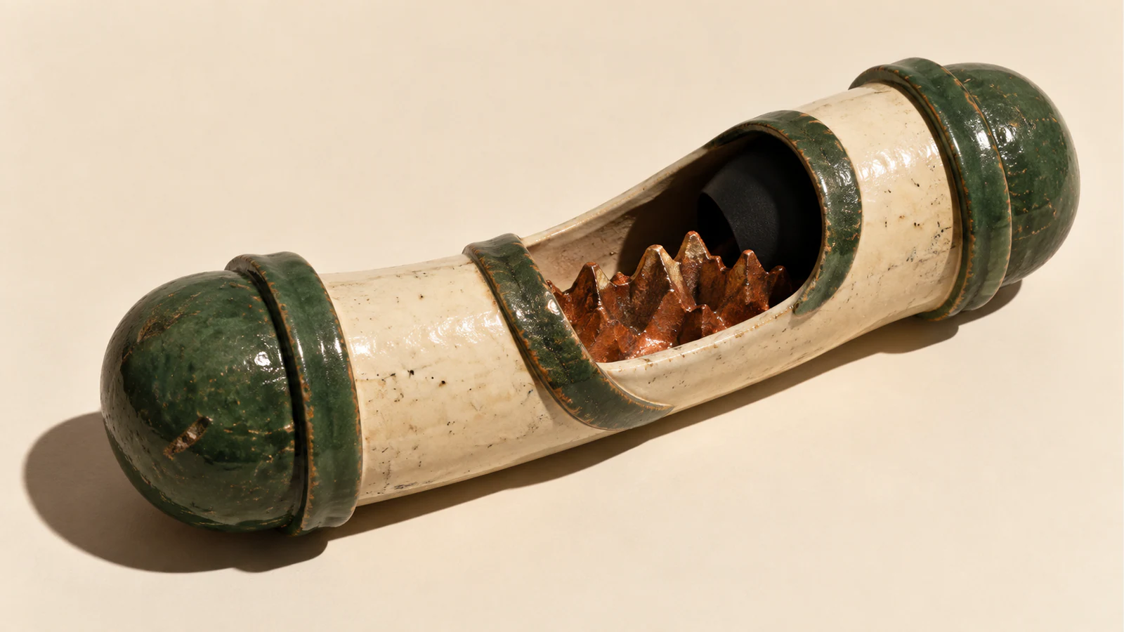 An elongated ivory ceramic vessel with forest-green capped ends lies diagonally on a warm ivory surface. Its open middle reveals copper-colored jagged ridges, while a black hood conceals part of the interior. Worn glaze and a hard shadow emphasize its handmade construction.