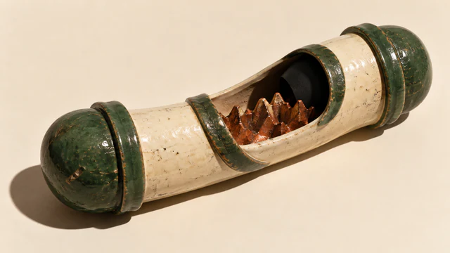 An elongated ivory ceramic vessel with forest-green capped ends lies diagonally on a warm ivory surface. Its open middle reveals copper-colored jagged ridges, while a black hood conceals part of the interior. Worn glaze and a hard shadow emphasize its handmade construction.