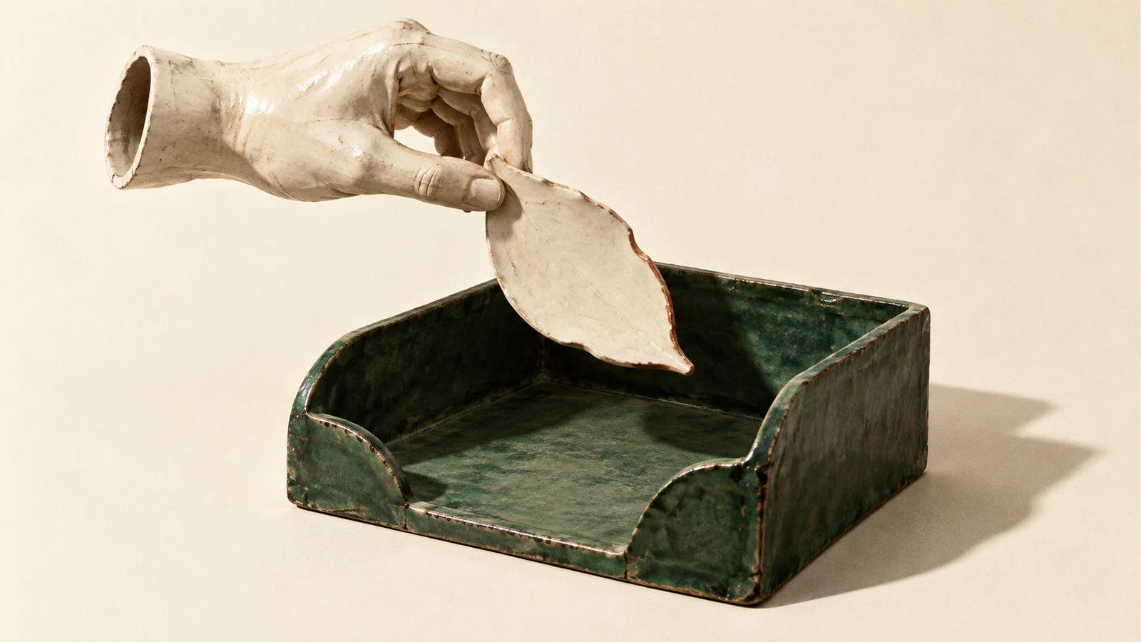 A hollow ceramic hand suspends an irregular ivory leaf with a copper-colored edge above an empty forest-green document tray, casting hard shadows across a warm ivory background.