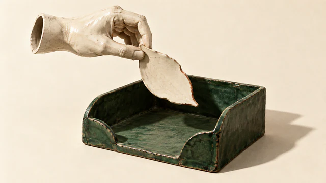 A hollow ceramic hand suspends an irregular ivory leaf with a copper-colored edge above an empty forest-green document tray, casting hard shadows across a warm ivory background.