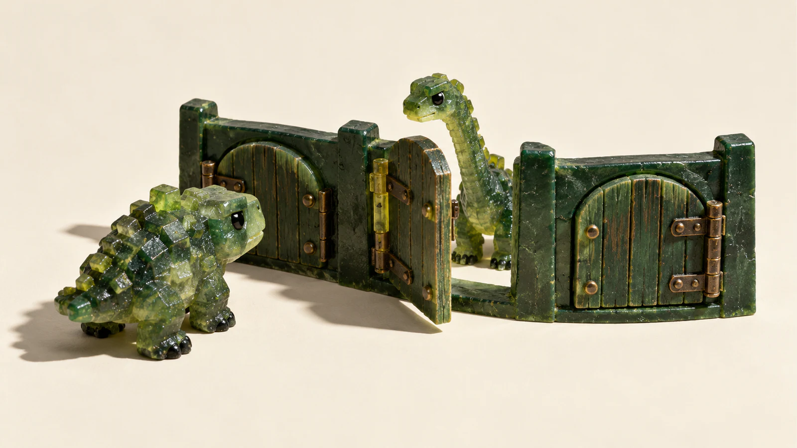 Two translucent green miniature dinosaurs flank a curved barrier with three hinged gates. A squat dinosaur faces a closed gate; a long-necked dinosaur stands behind the open middle gate. Hard shadows fall across an ivory background.