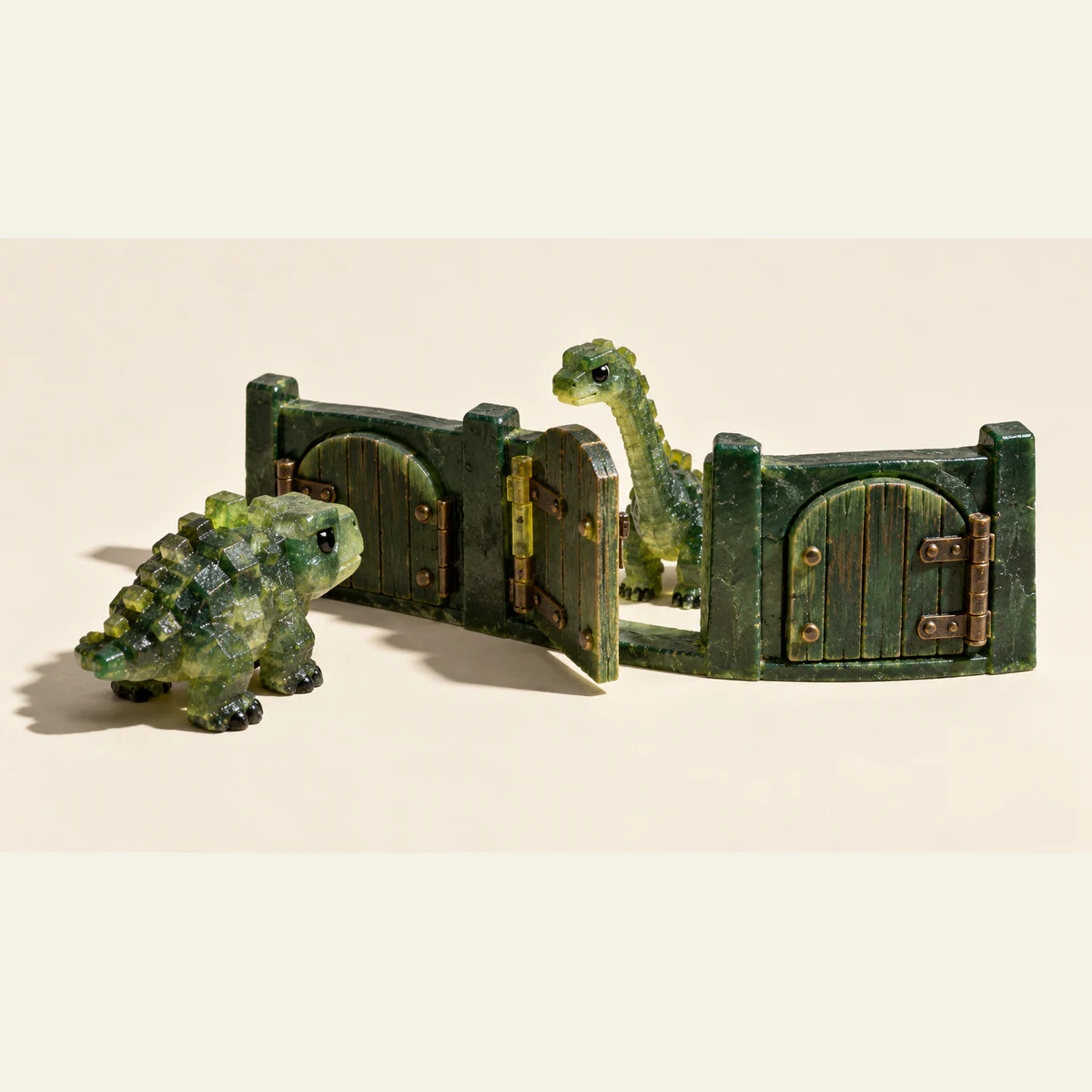Two translucent green miniature dinosaurs flank a curved barrier with three hinged gates. A squat dinosaur faces a closed gate; a long-necked dinosaur stands behind the open middle gate. Hard shadows fall across an ivory background.