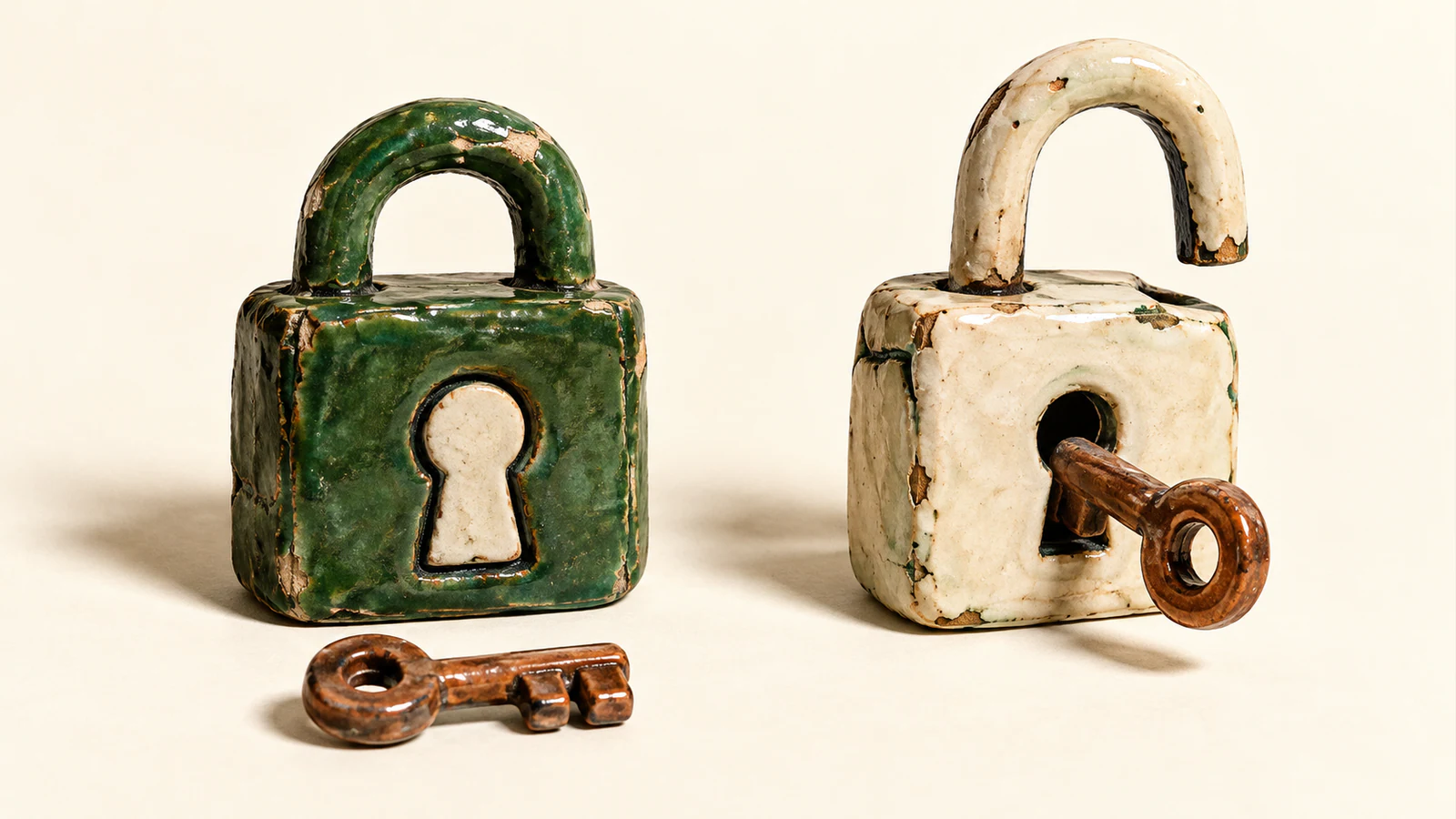 Two chipped ceramic padlocks on an ivory background: a closed green lock has a plugged keyhole and a copper-colored key lying nearby; an open ivory lock holds another key.