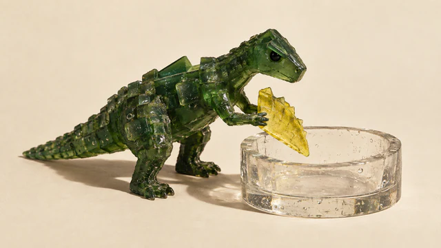 A translucent forest-green resin dinosaur holds a detached yellow fin over a clear, bubble-filled resin basin, casting hard shadows on an ivory background.