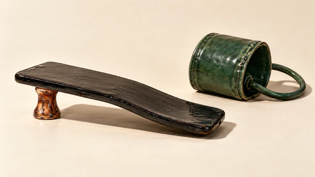 A warped black ceramic smartphone rests on one copper-colored pedestal, its far end drooping toward an ivory surface. A separate green ceramic blood-pressure cuff sits behind it, casting a hard shadow.