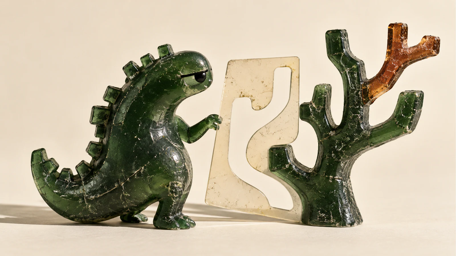 A skeptical translucent green resin dinosaur holds an ivory cutout template beside a larger branching green form with a copper-colored upper branch. Scuffed surfaces cast shadows across a warm ivory background.