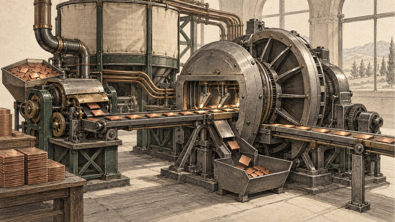 A compact tile feeder sends copper blanks through a large verifier turbine, which passes accepted pieces onward and drops rejected pieces into a return hopper.