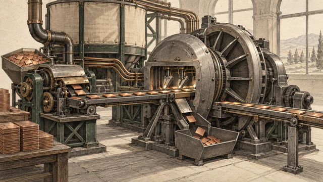 A compact tile feeder sends copper blanks through a large verifier turbine, which passes accepted pieces onward and drops rejected pieces into a return hopper.
