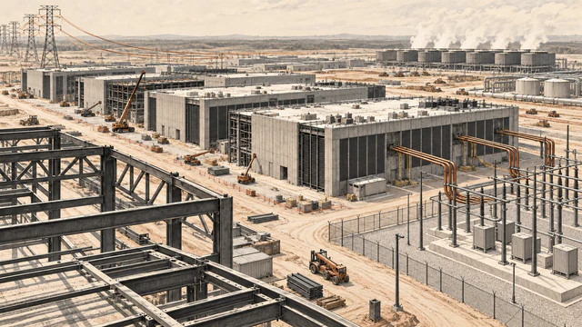 Server buildings under construction connect to a power substation across an expansive industrial site.