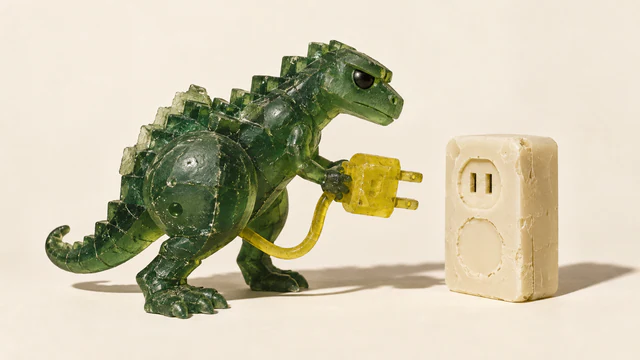 A scuffed translucent green resin dinosaur holds a yellow electrical plug toward an ivory socket with an unfinished lower recess, casting hard shadows across a warm ivory background.