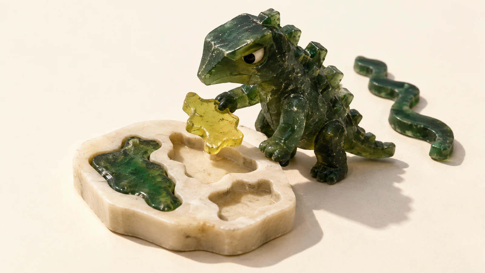 A skeptical green resin dinosaur holds a yellow puzzle piece above an ivory tray with one fitted green piece and empty cavities. A separate winding green strand lies behind it, all casting shadows on warm ivory.