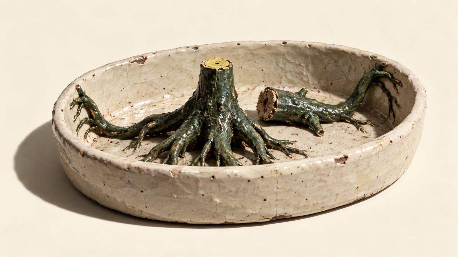 A chipped ivory ceramic basin encloses a dark green stump, a detached branch, and sprawling roots reaching up its inner walls. The stump has a yellow cut surface; hard shadows fall across the warm ivory background.
