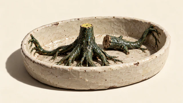 A chipped ivory ceramic basin encloses a dark green stump, a detached branch, and sprawling roots reaching up its inner walls. The stump has a yellow cut surface; hard shadows fall across the warm ivory background.