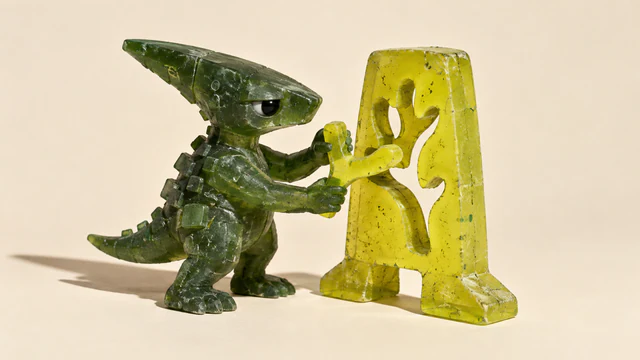 A scuffed translucent green dinosaur with a skeptical eye holds a yellow branching piece against an irregular opening in a freestanding yellow template, casting hard shadows on an ivory background.