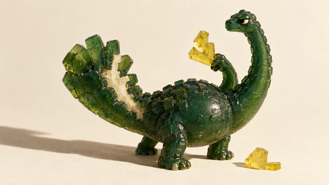 A scuffed translucent green resin dinosaur holds a branching yellow piece beside its fan-shaped tail with an ivory center. Another yellow piece rests on the ivory floor beneath a long shadow.