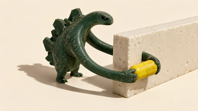 A scuffed forest-green dinosaur miniature reaches long arms around an ivory wall’s end, holding a closed yellow capsule. Hard shadows fall across the warm ivory background.