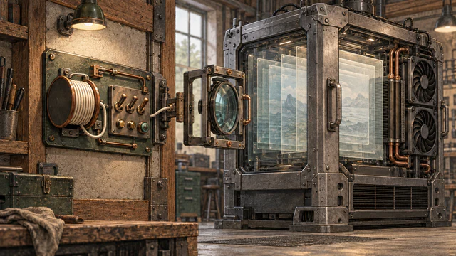 A compact native control panel faces a large layered browser-engine crate through a detachable optical frame.